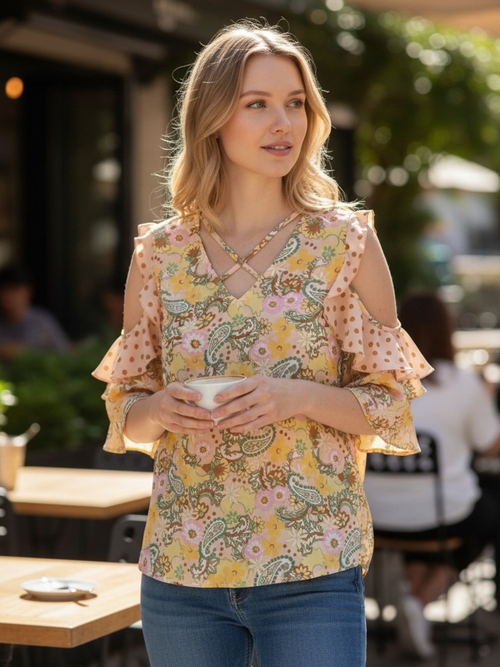 Cato Yellow Paisley Cold-Shoulder Ruffle Top